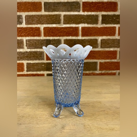 Vtg Imperial Glass Blue Vase Diamond Point 1930 Katy Opalescent Open Lace Edge - Picture 1 of 8